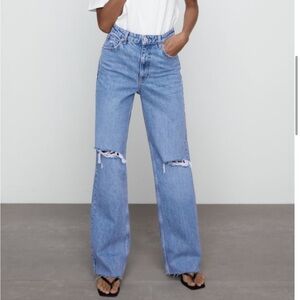 zara high rise wide leg ripped denim jeans